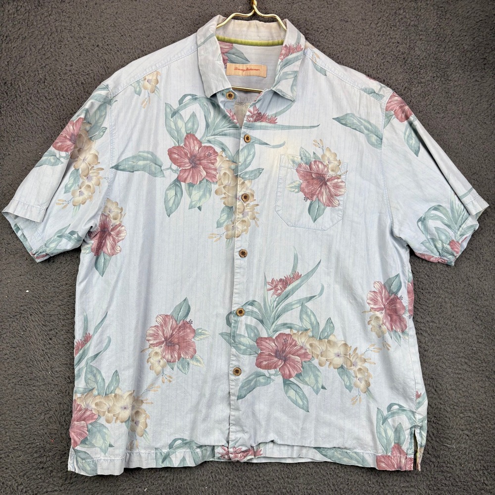 Tommy Bahama Mens XL Silk Floral Hawaiian Shirt Blue Short Sleeve Button Up